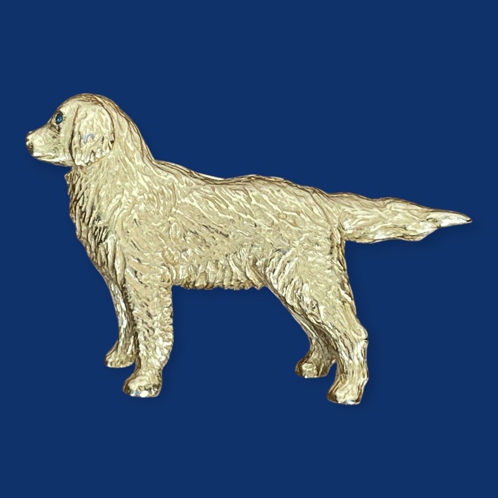 Vintage Carolee Golden Retriever Dog Brooch Pin Gold Tone Blue Eye Americana